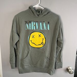Nirvana Womens S Nevermind Smiley Face Grunge Pullover Hooded Sweatshirt